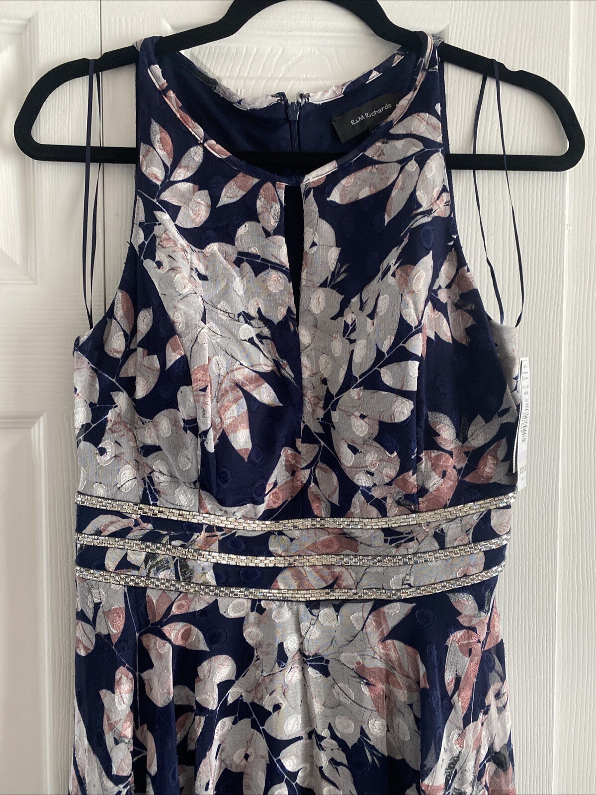 R&M Richards High-Low Floral Gown Womens Size 6 Navy Silver Rhinestone Dress NEW