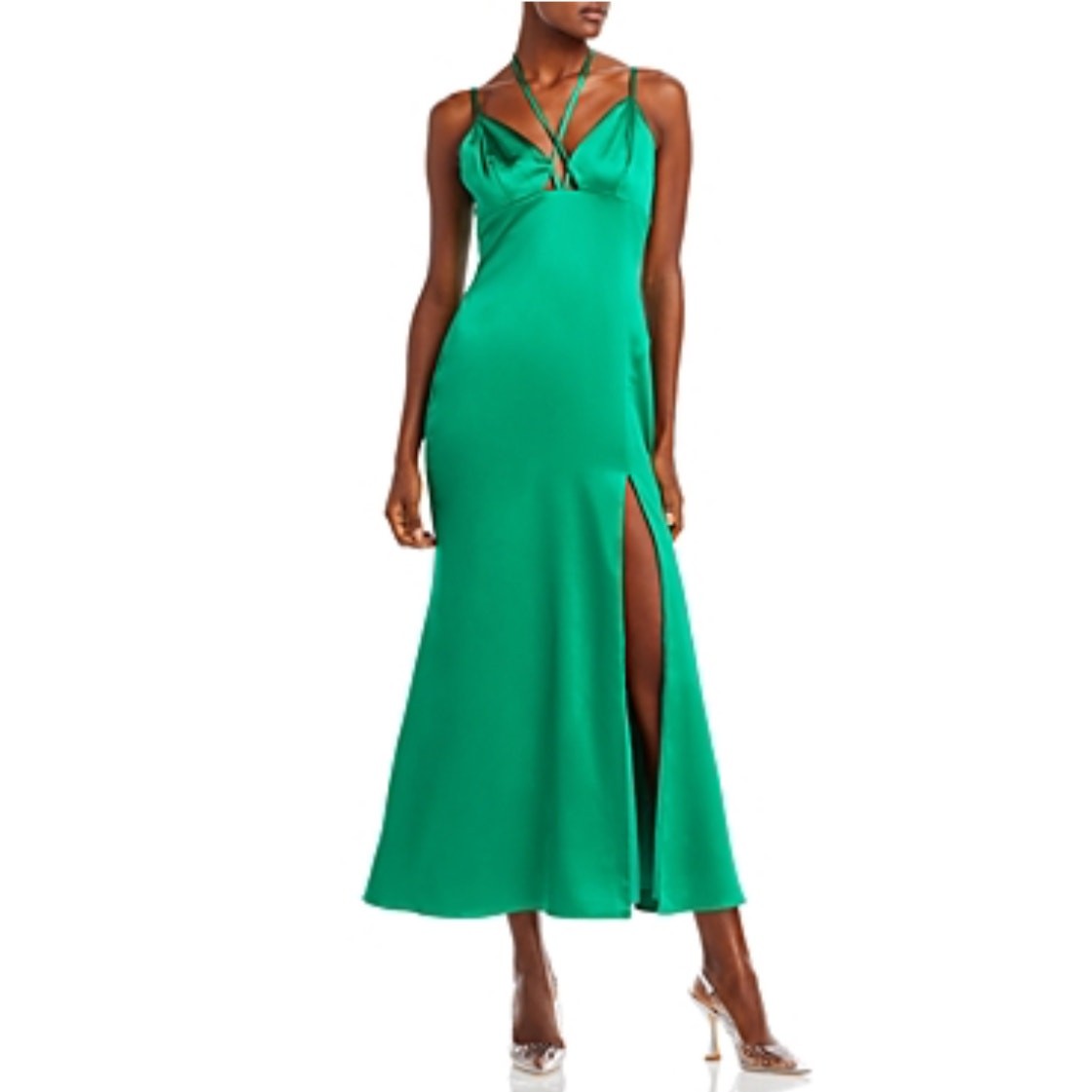 AQUA Green Cocktail Dress Satin Strappy Backless A-Line Midi Slip Size XL