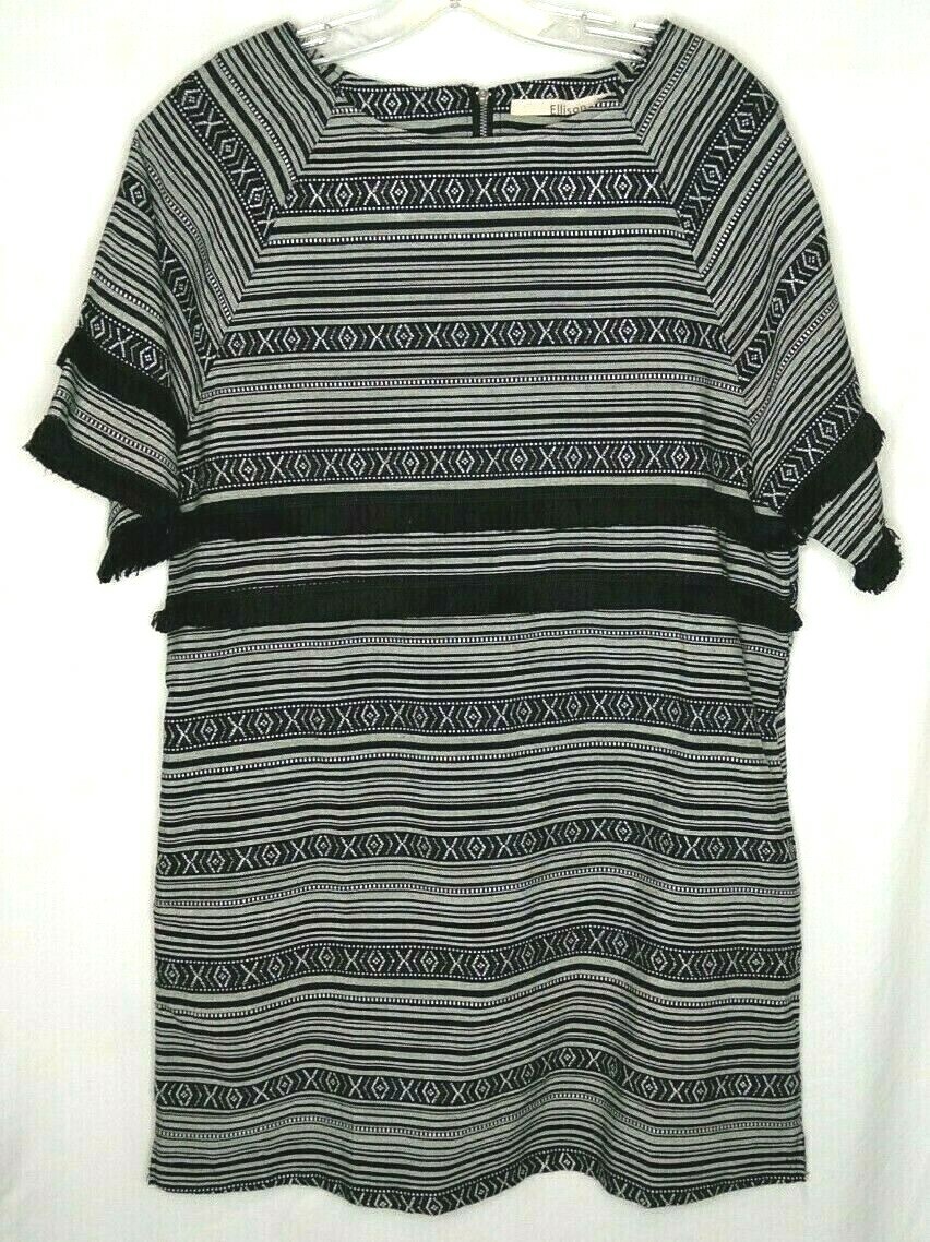 Ellison Black & Gray Mini Fringe Striped Pockets Back Zip Dress Size M EUC