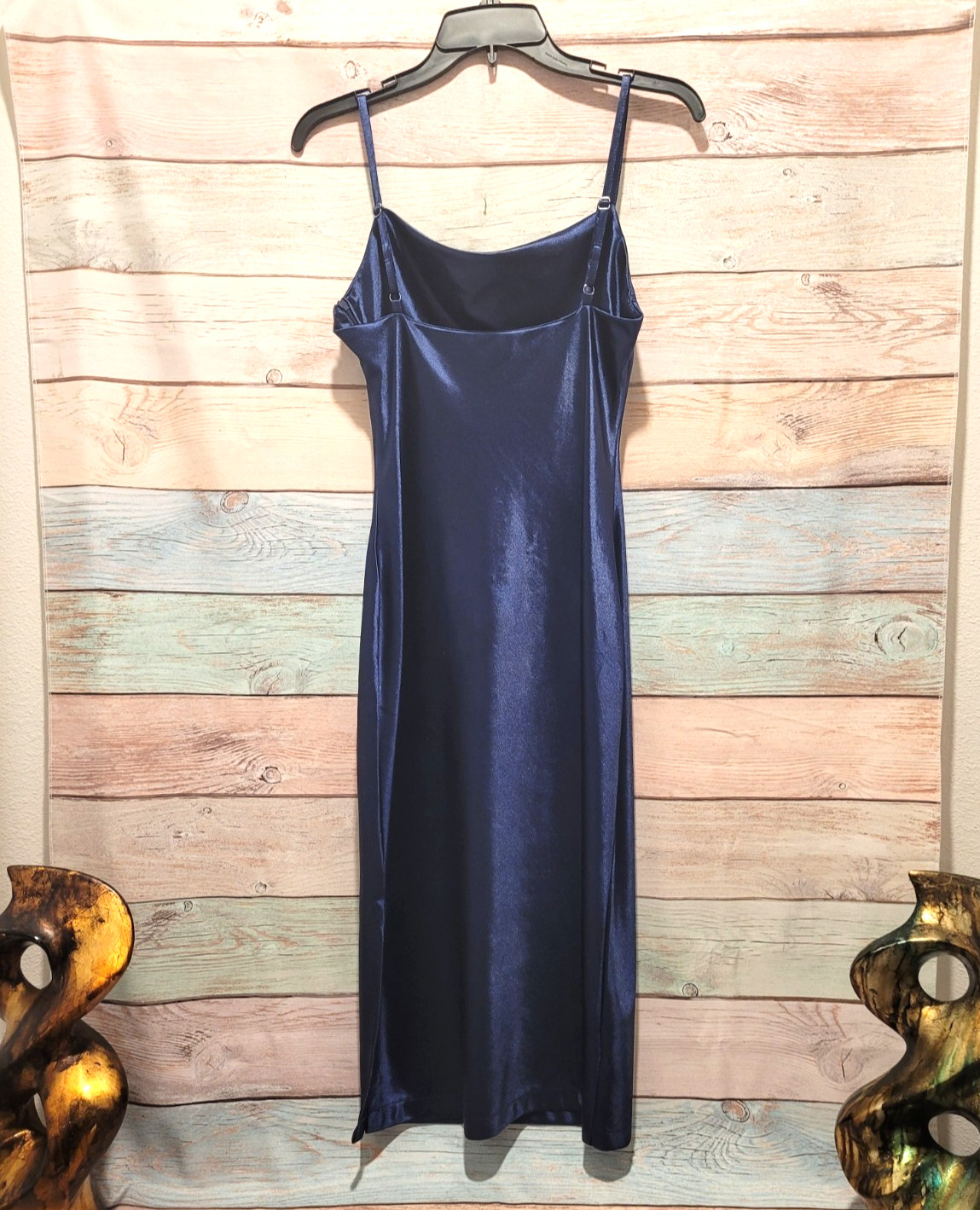 Women’s Navy Blue Satin Slip Dress Spaghetti Straps Midi Formal Party Size S