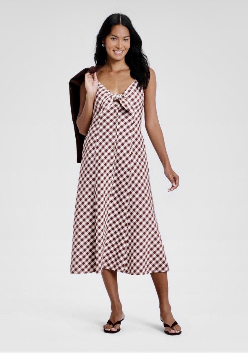 A New Day Brown/White Gingham Scoop Neck Sleeveless Midi Sundress L Bow