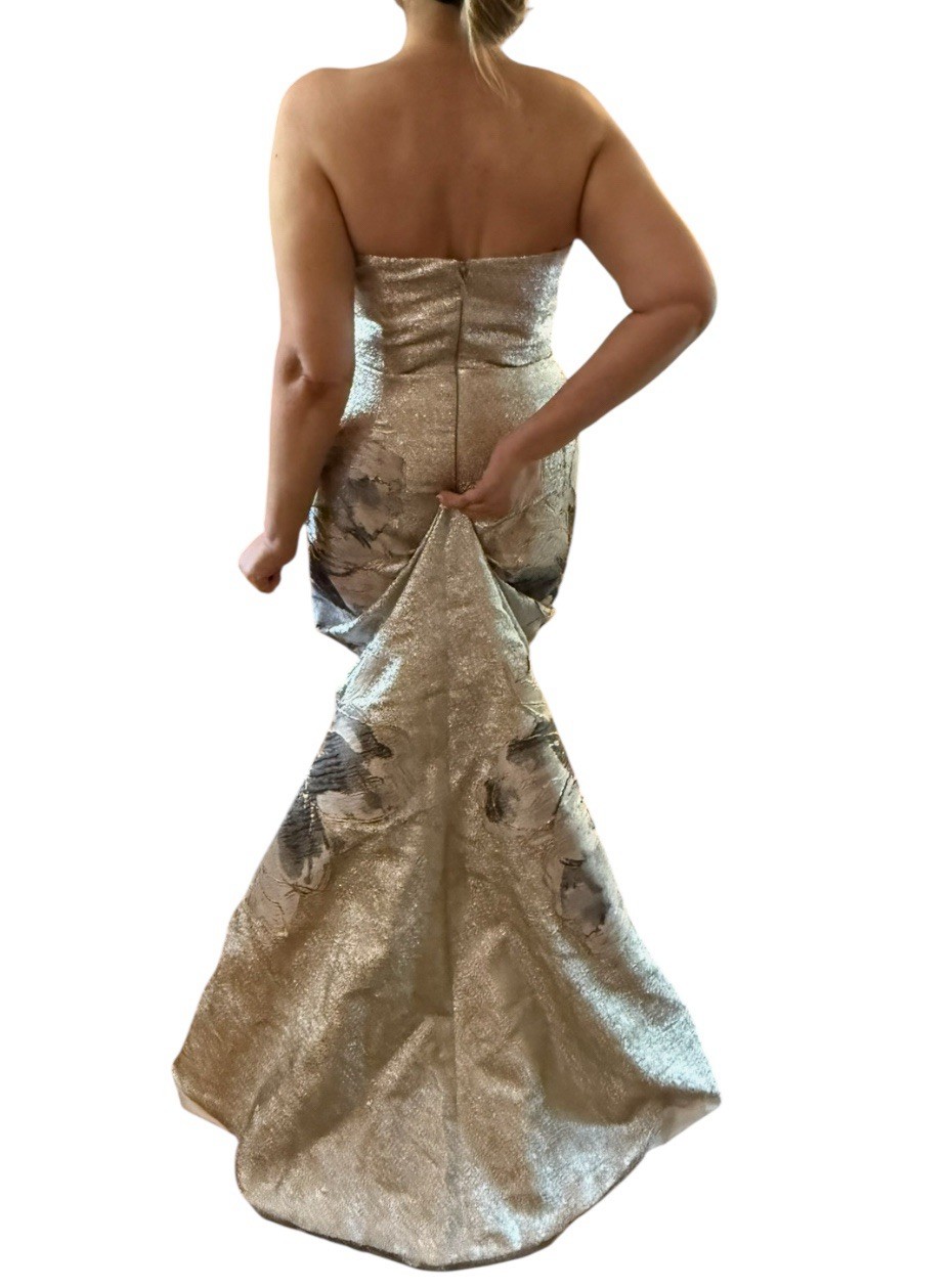 New John Paul Ataker Strapless Floral Long Dress Gown Champagne / Silver 38 /8