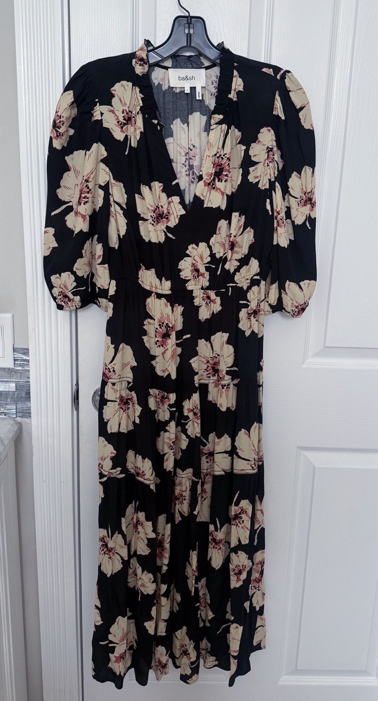 Ba&sh Women’s Blue Floral Print Maxi Dress with Slit Front Size Small Boho Chic