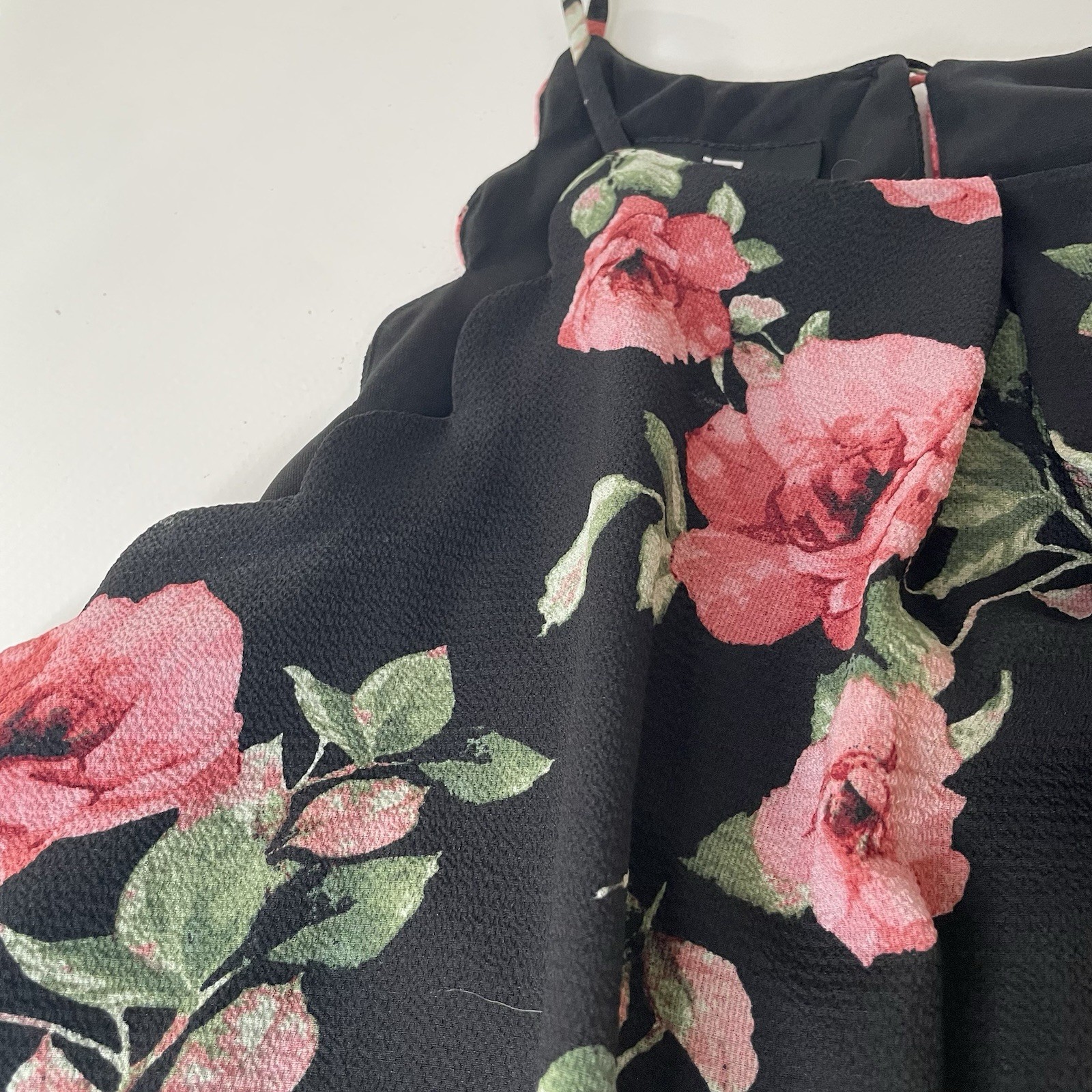 IZ Byer Women’s Size M Black Pink Green Floral Chiffon V-Neck Midi Dress