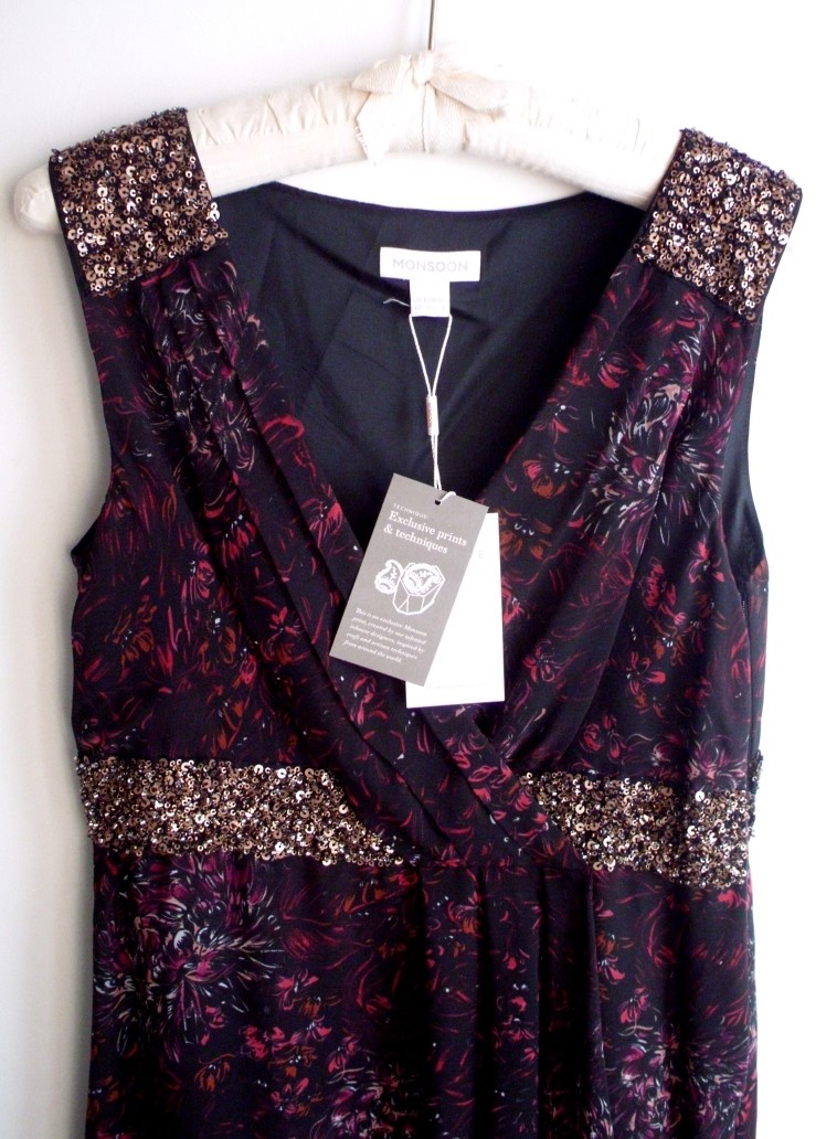BNWT MONSOON Black/Pink/Floral Wrap Style Floaty Dress Hand Beaded UK Size 12
