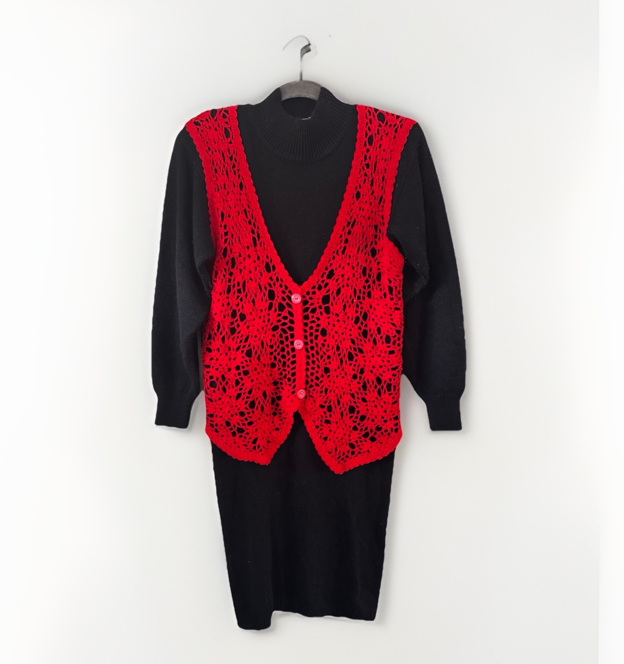 VTG Betsy Lauren Black Knit Dress w Red Crochet Vest Cottagecore Grunge Size S