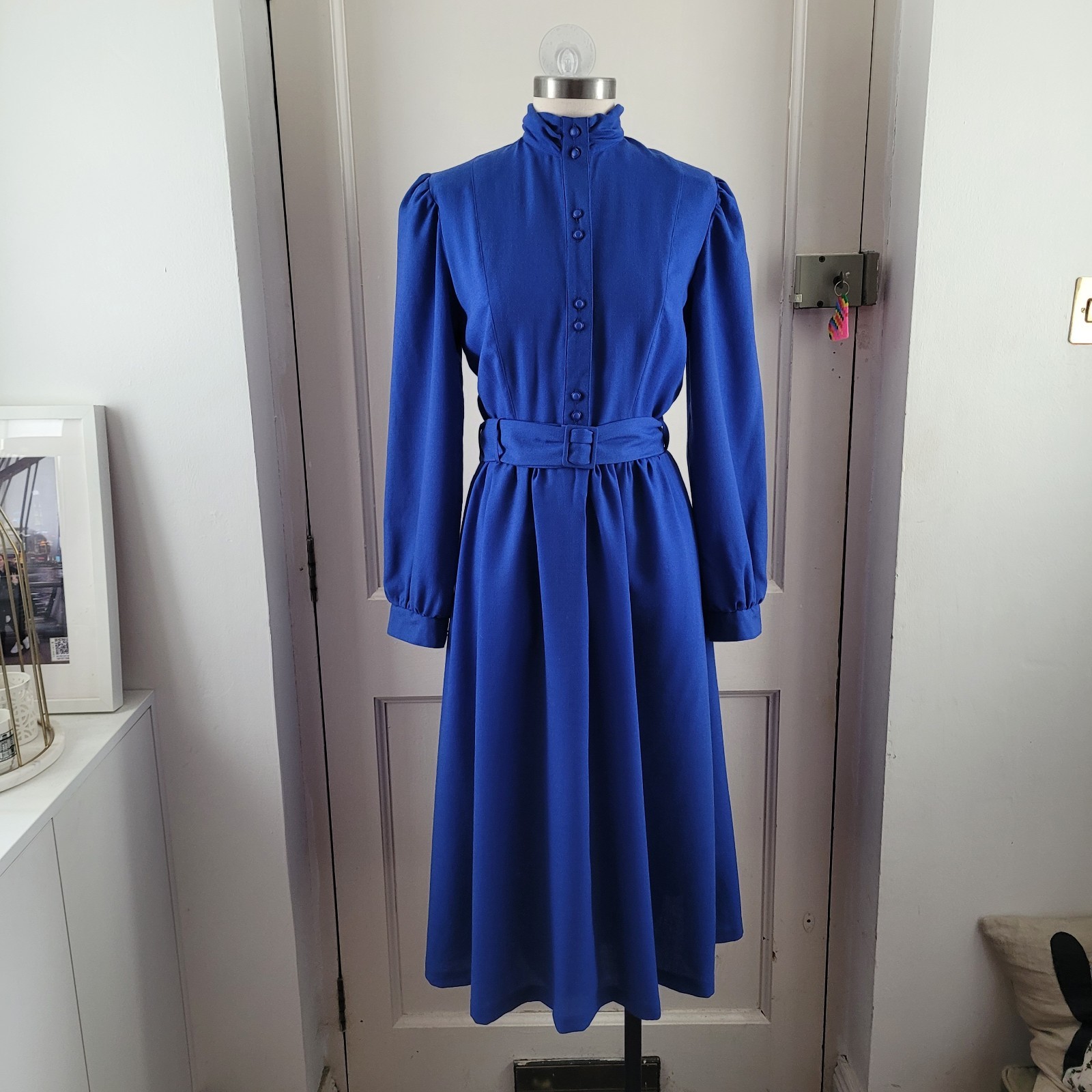 Marion Donaldson Vintage Deep Blue Wool Midi Dress Belted Pockets 10 12 Uk