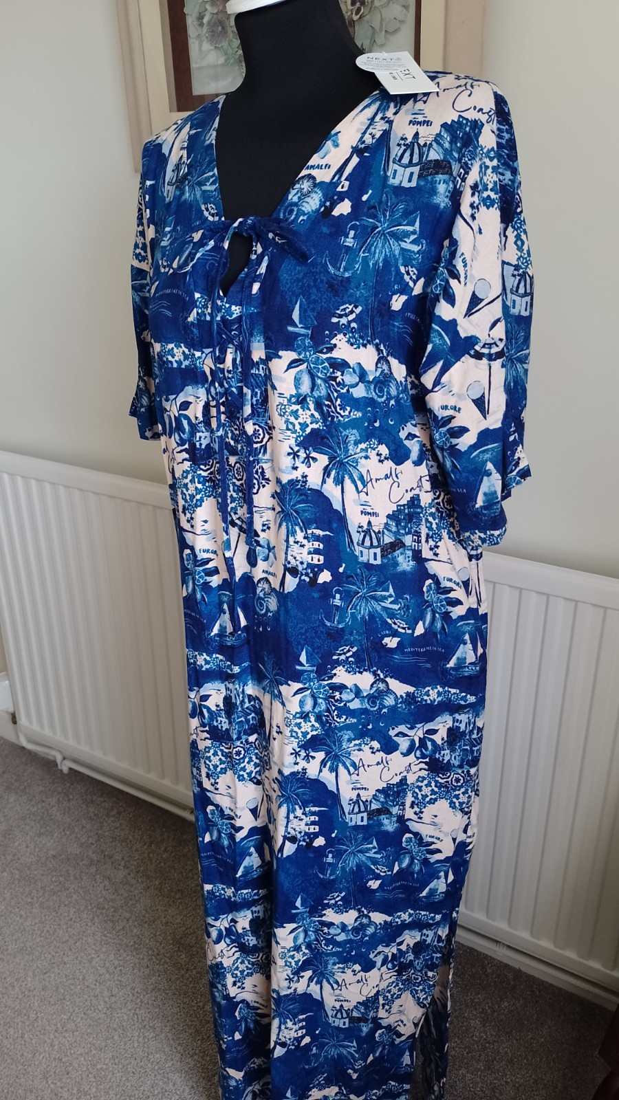 BNWT NEXT LONG LINEN BLEND MEDITERRANEAN PRINT LONG DRESS – MED -12/14.
