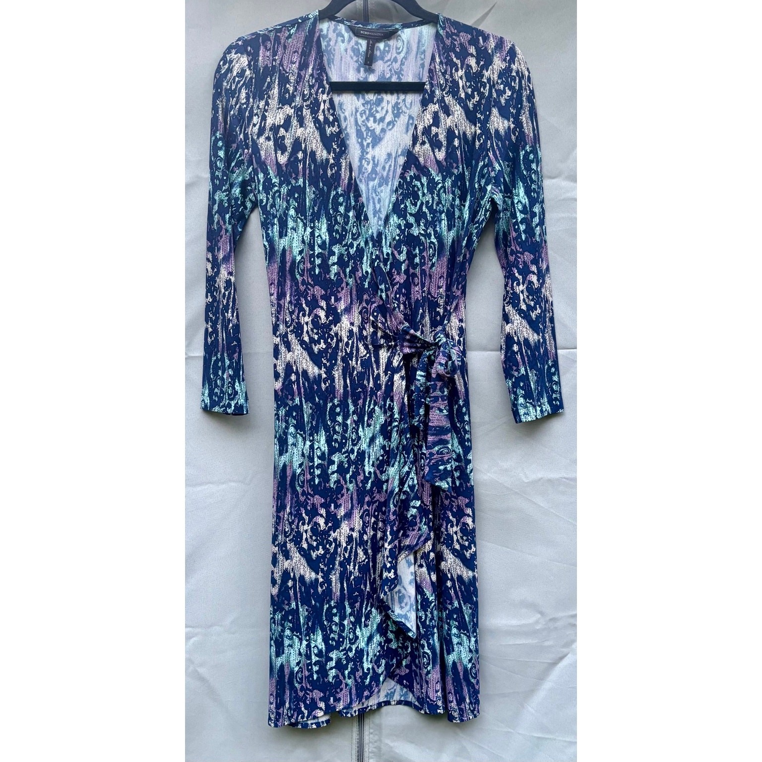 BCBGMAXAZRIA Wrap Dress Small Blue Purple Abstract Ikat Midi Career Event