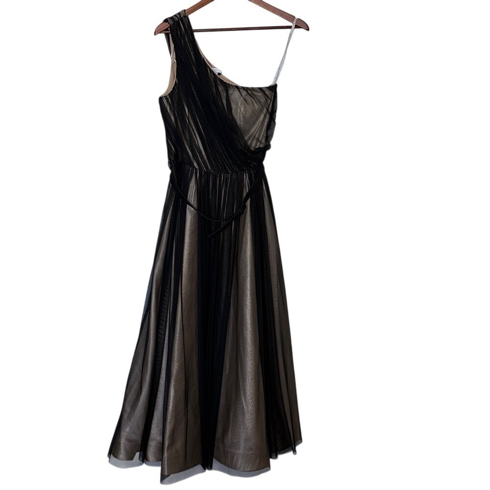 Kay Unger One Shoulder Tulle Midi Dress Black Gold Formal Size 6 NWT
