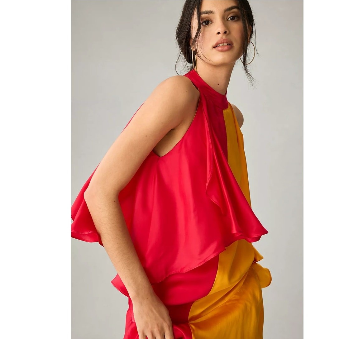 New Anthropologie x Pinnacle Mock-Neck Colorblock Ruffle Dress $248 Pink Yellow