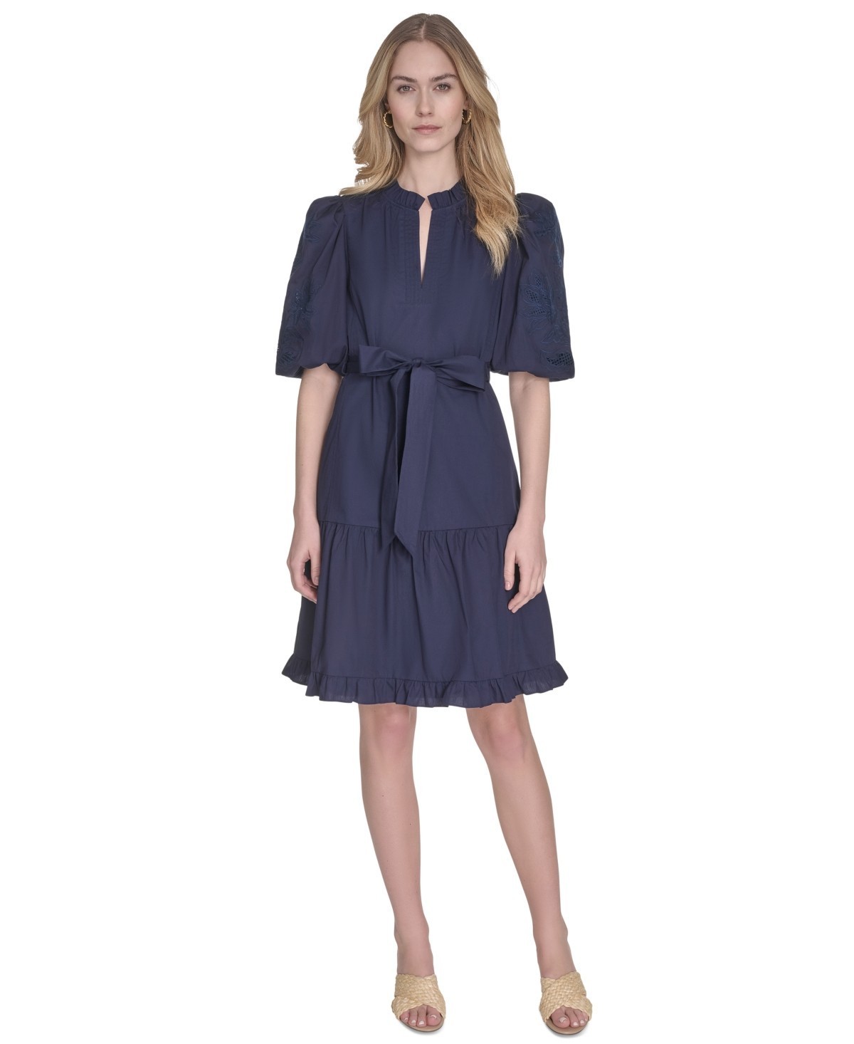 Vince Camuto Split-Neckline Elbow-Sleeve Tie Waist Dress Women’s 8 Navy Pullover