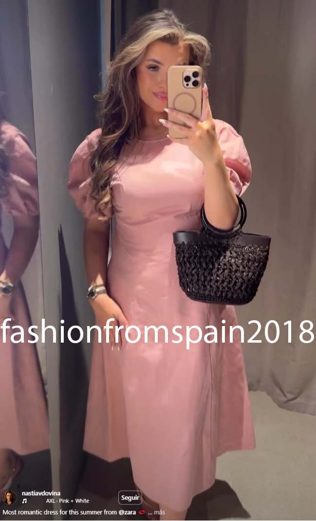 ZARA NEW WOMAN ZW LINEN BLEND MIDI DRESS PUFF-SLEEVES PINK XS-XL 5289/025/620