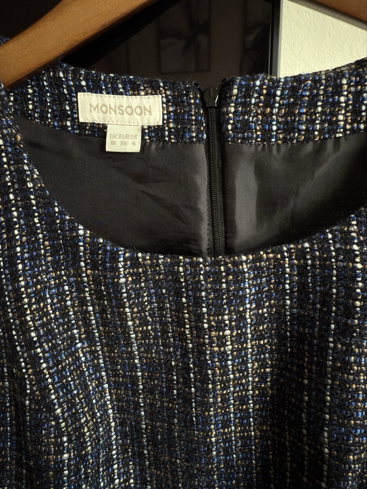 Monsoon UK 10 Blue & Black Tweed Bouclé Dress – Sleeveless Smart Work Office