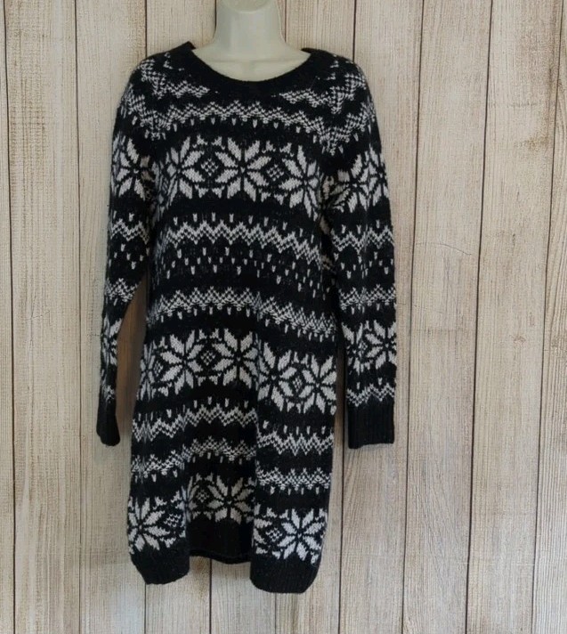 Abercrombie Fitch Sweater Dress Charcoal Gray White Fair Isle Snowflake Large