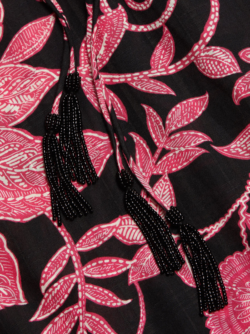 $248 JOHNNY WAS SZ L ALYCIA BEADED TASSEL DRESS LEAF PRINT w/ SLIP B:43″ L:39″