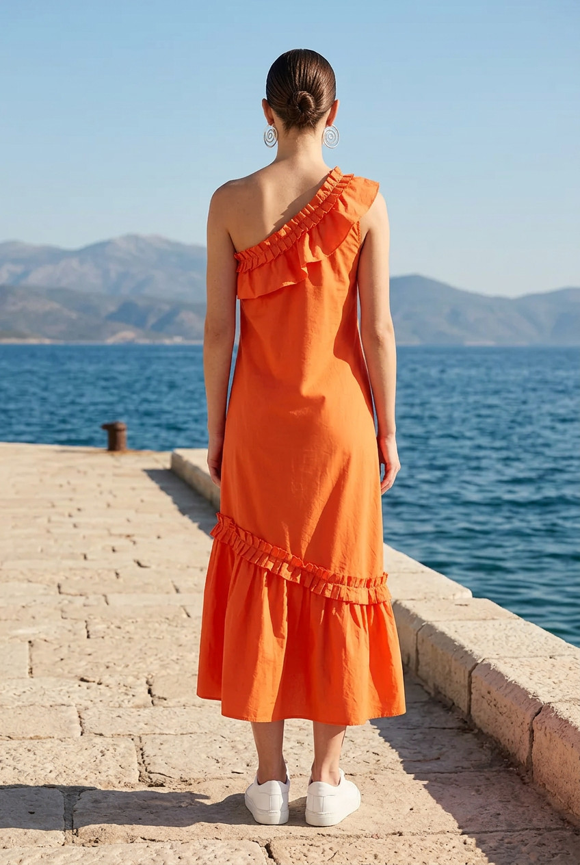 ADL Cengiz Abazoglu Orange Ruffle One Shoulder Cotton Dress Size S