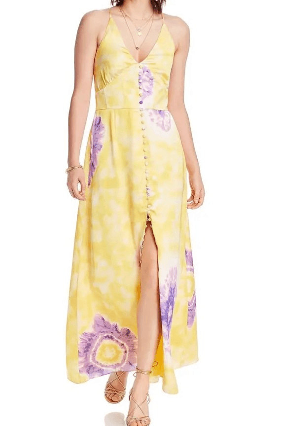 LINI Womens Noelle Yellow V Neck Printed Floral Maxi Dress S Small