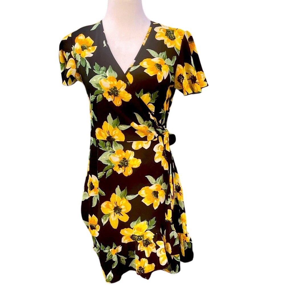 Nine Eight New York Womens Yellow Floral Wrap Dress Black Mini Ruffle Size S NEW