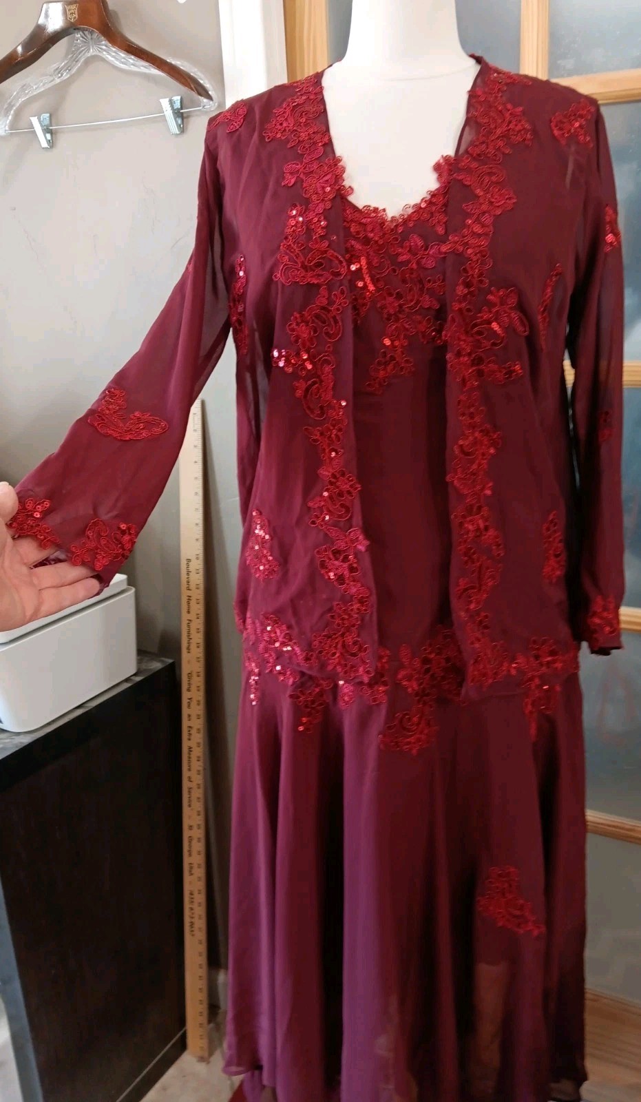 Party Dress Chiffon Sequined Lace Jacket Drop Waist Lined Sz 10 Handkerchief Hem
