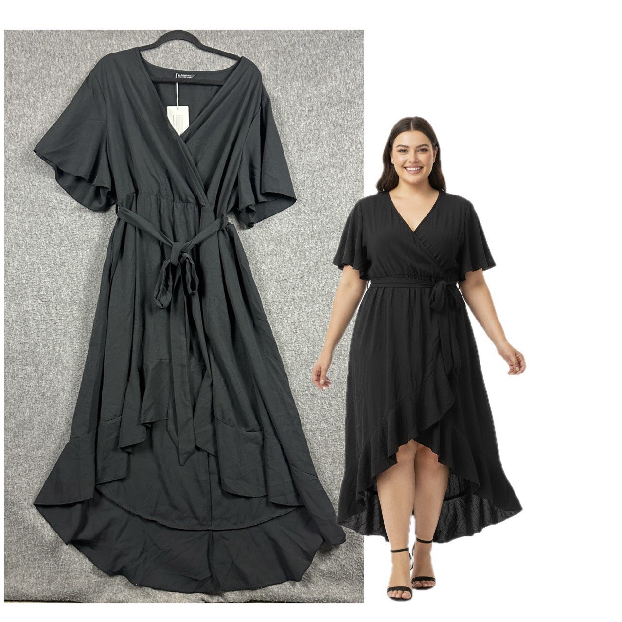 Bloomchic Dress Womens 2X Black Wrap Hi-Low Kimono Sleeve Belted Pockets Boho