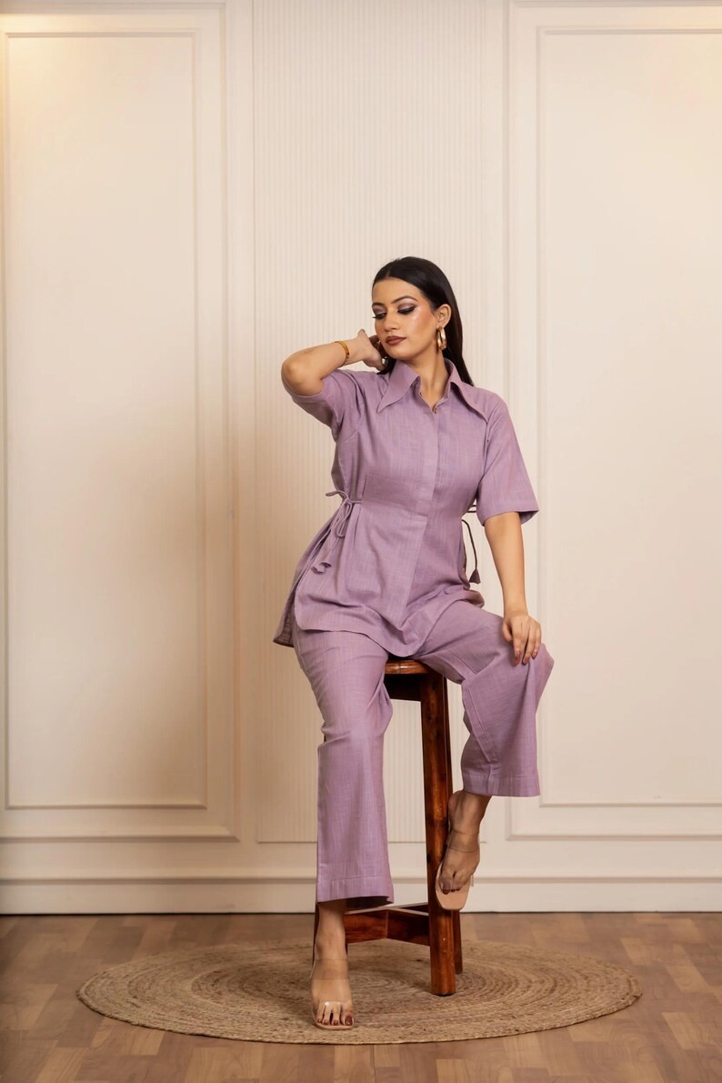 Lilac Cotton Slub Co-ord Sets Top & Palazzo Set Summer Two-Piece Outfitn Dress