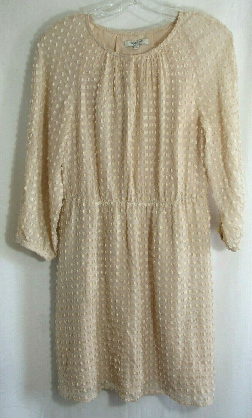 Madewell Pale Peach Embossed Dots Silk Blend 3/4 Sleeve Lined Dress 4 EUC