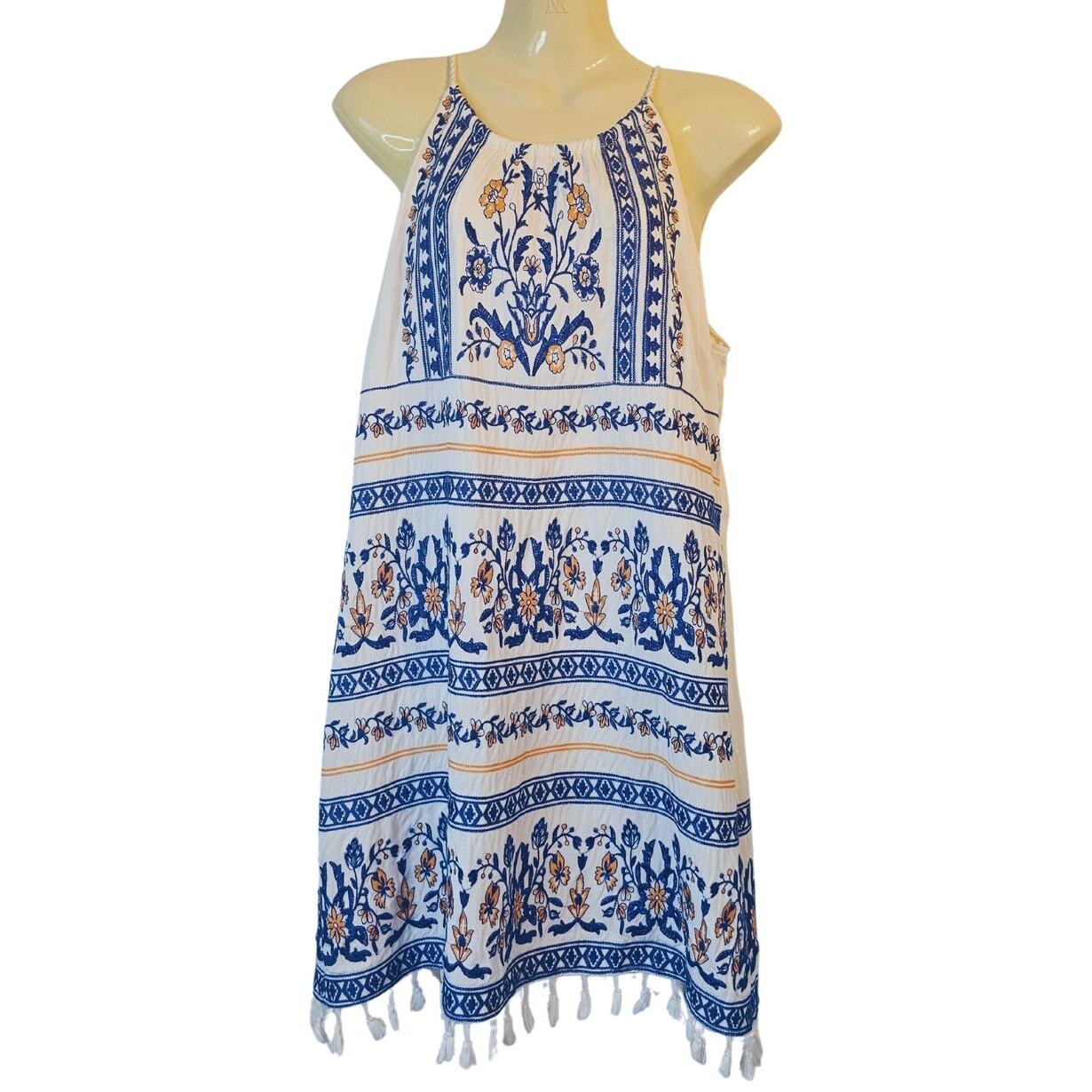Skies are Blue Embroidered Halter Sundress Small Petite White Blue Knee-Length