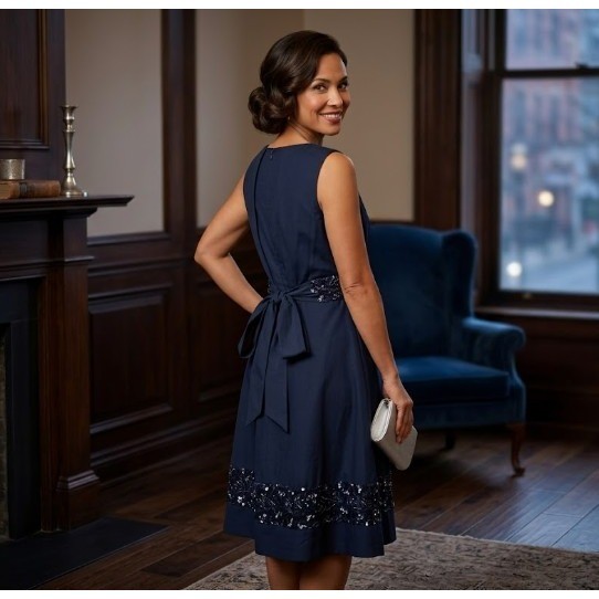 Talbots Cotton Silk Sequin Beaded Fit and Flare Dress Navy Blue Midi Sash