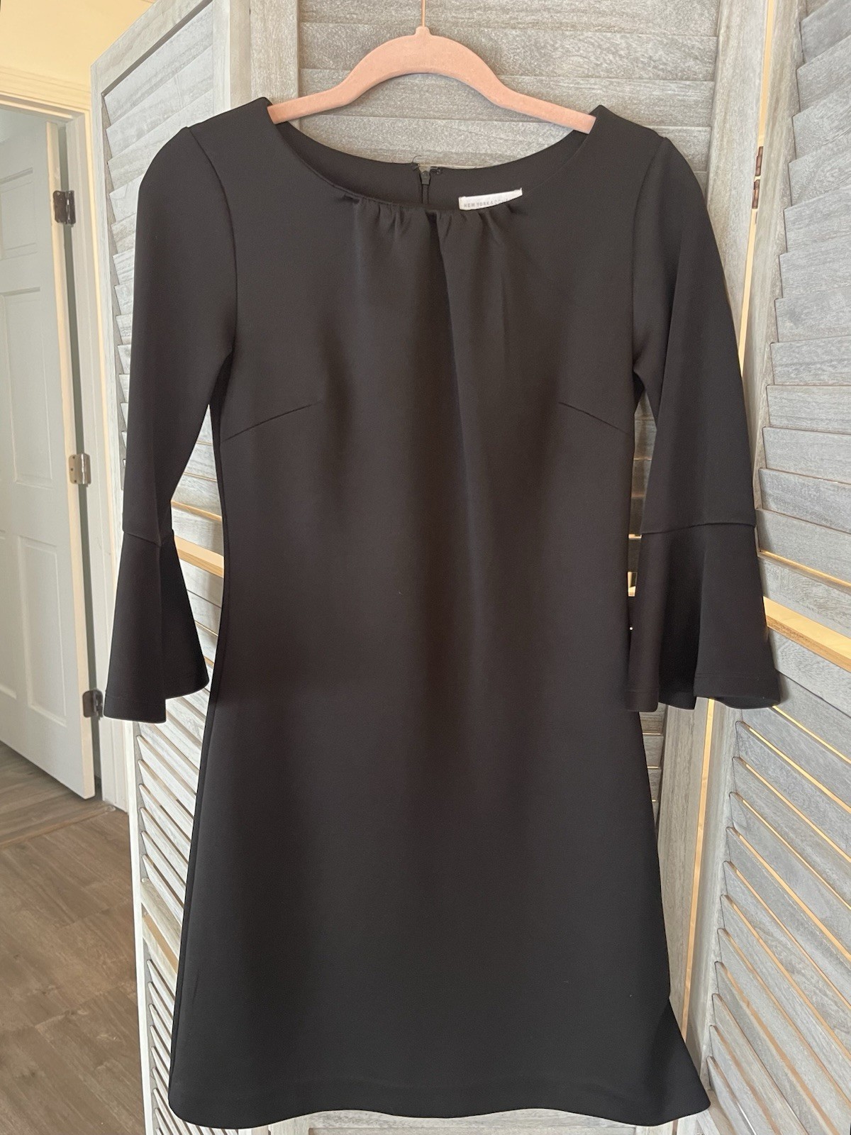 NWOT NY & Co. Black Dress w/ Gathered Neck & Bell Sleeves Sz XS Elegant!