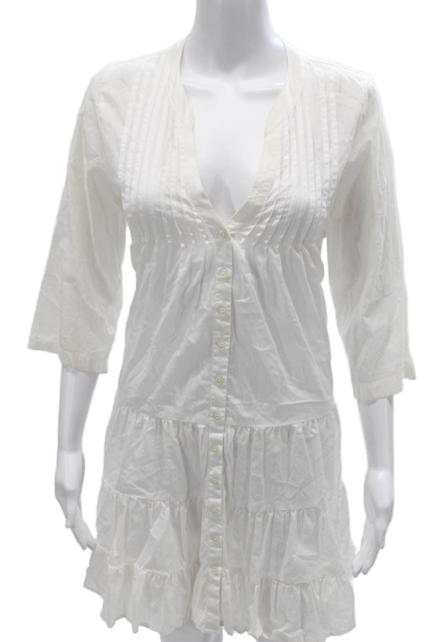 J Crew Womens Shirt Dress White V-Neck 3/4 Sleeve Cotton Button Size S