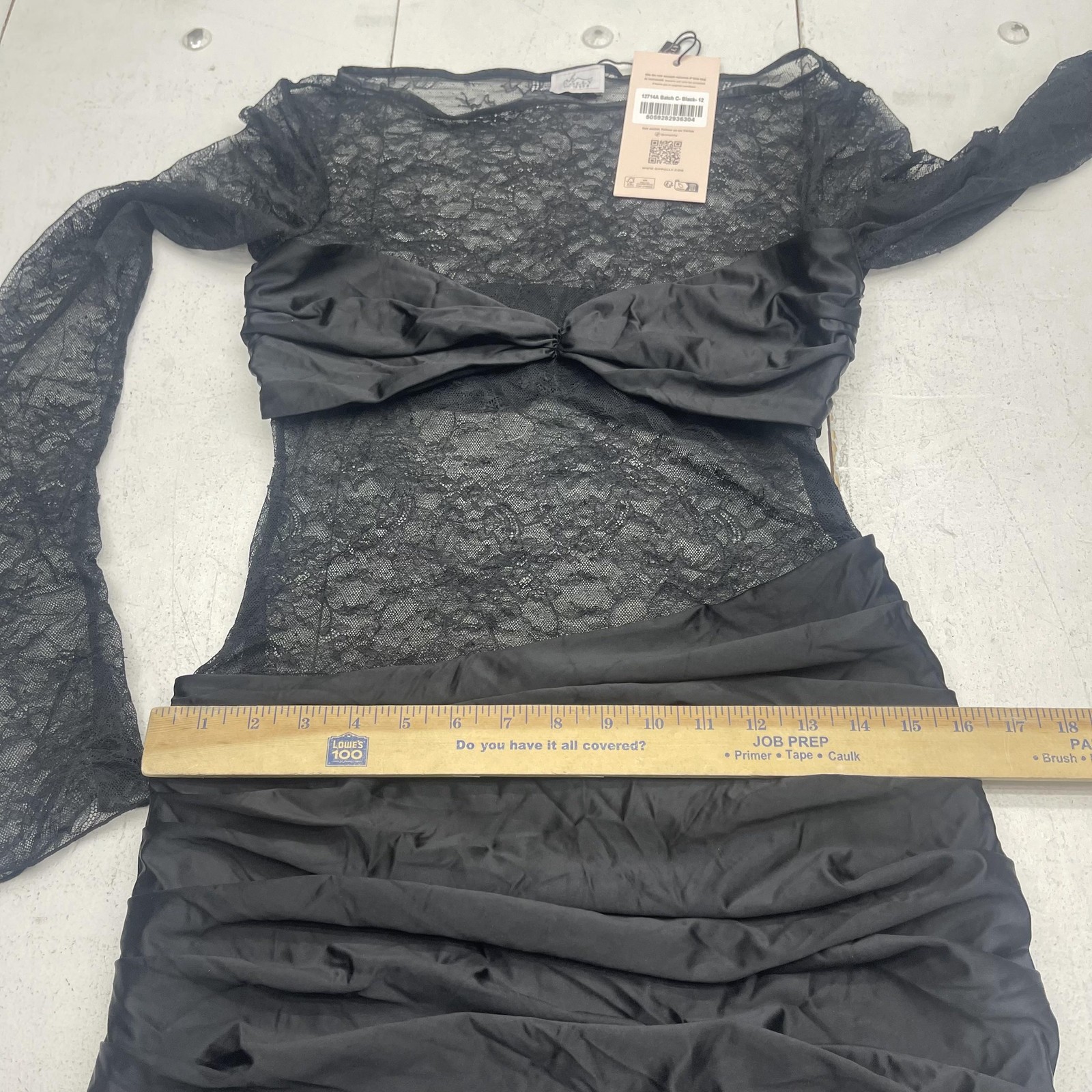 Oh Polly Dress Womens 8 Black Lace Sheer Long Sleeve Ruched Bodycon Mini Party