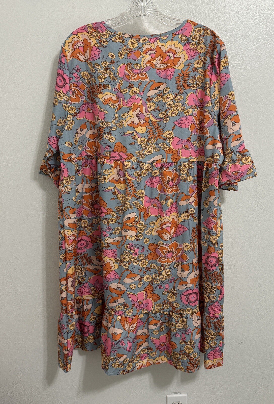 60s style dress womens XXL blue with pink flowers V-neck polyester (T1650D)