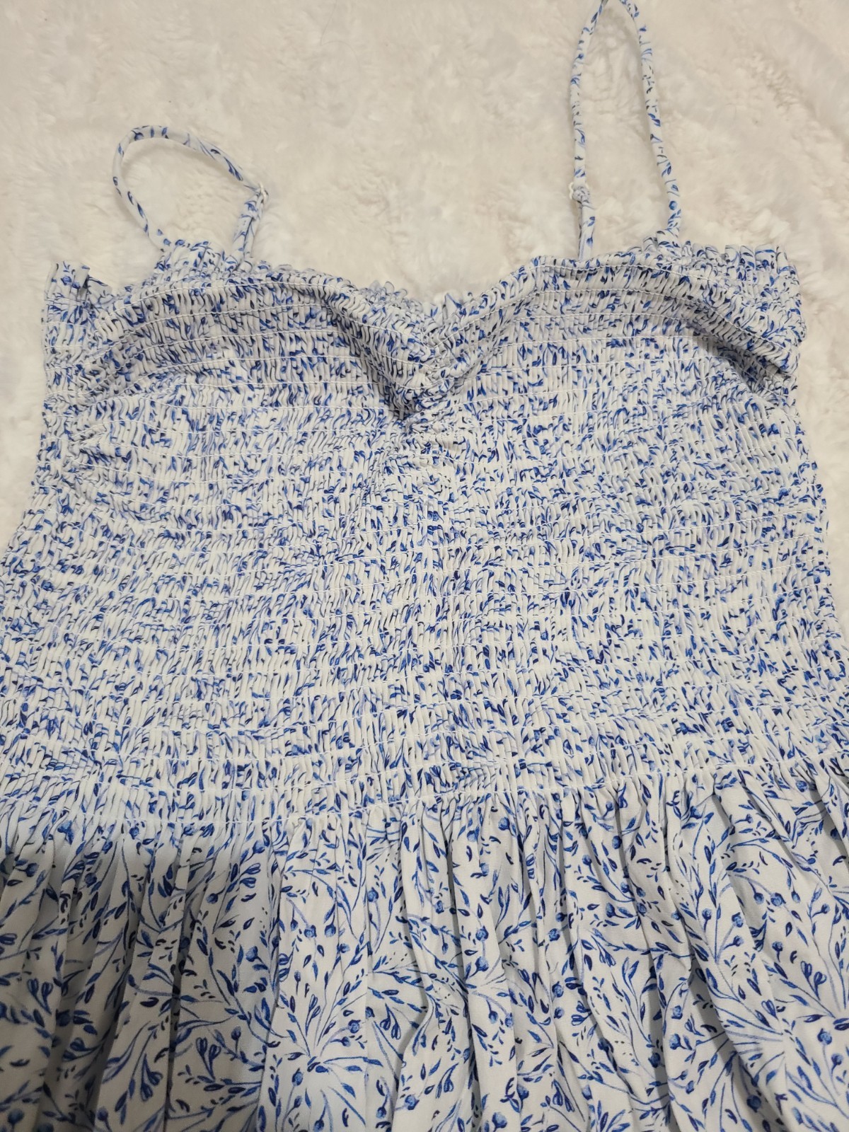 H&M Blue/White Floral Sweetheart Smocked Ruffle Maxi Sundress Spaghetti S