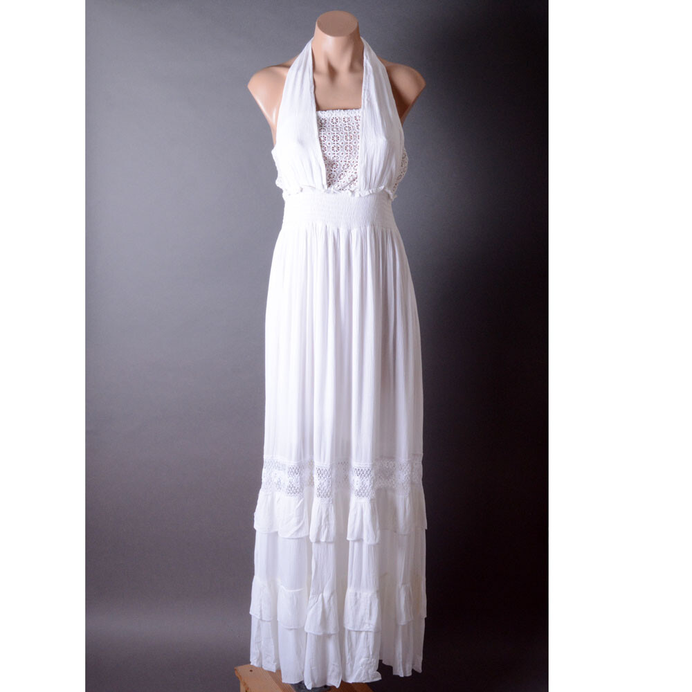 White Summer Beach Halter Crochet Smocked Ruffle Boho Long Maxi Dress S M L