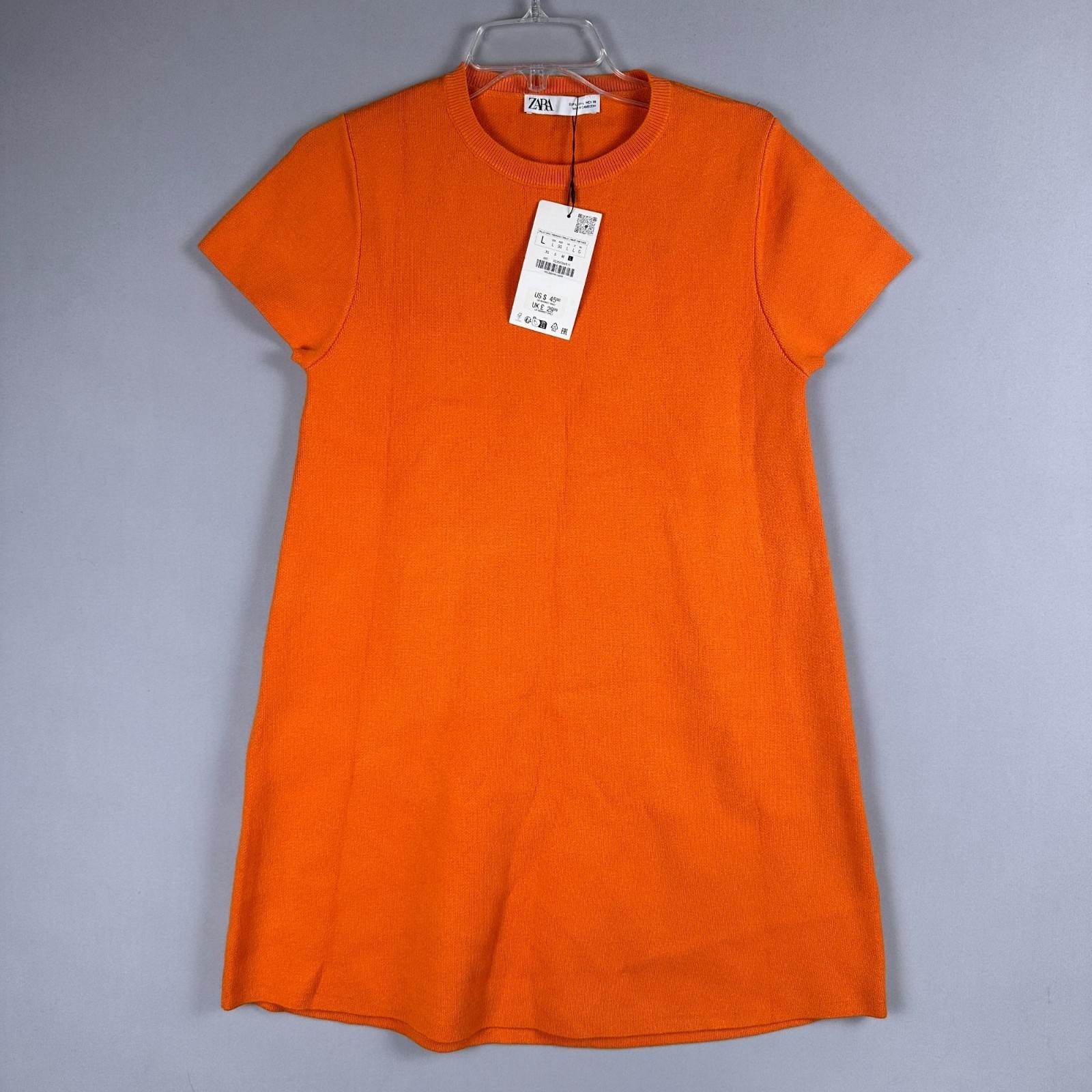Zara knitted Tunic Dress Womens Size Large Cap-Sleeves Crew-Neck Orange