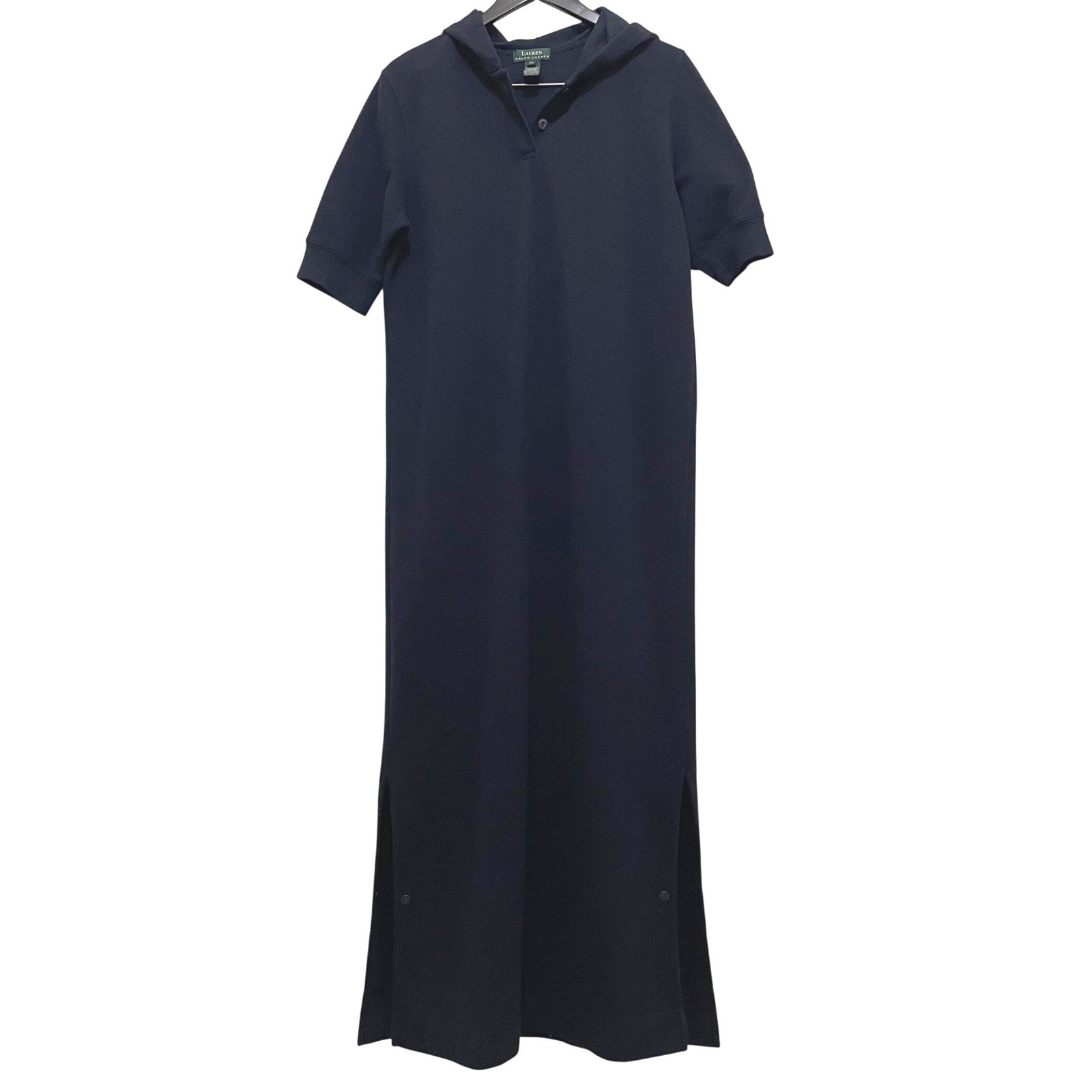 Lauren Ralph Lauren Hooded Polo Maxi Dress XL Navy Blue Cotton Blend Side Slits