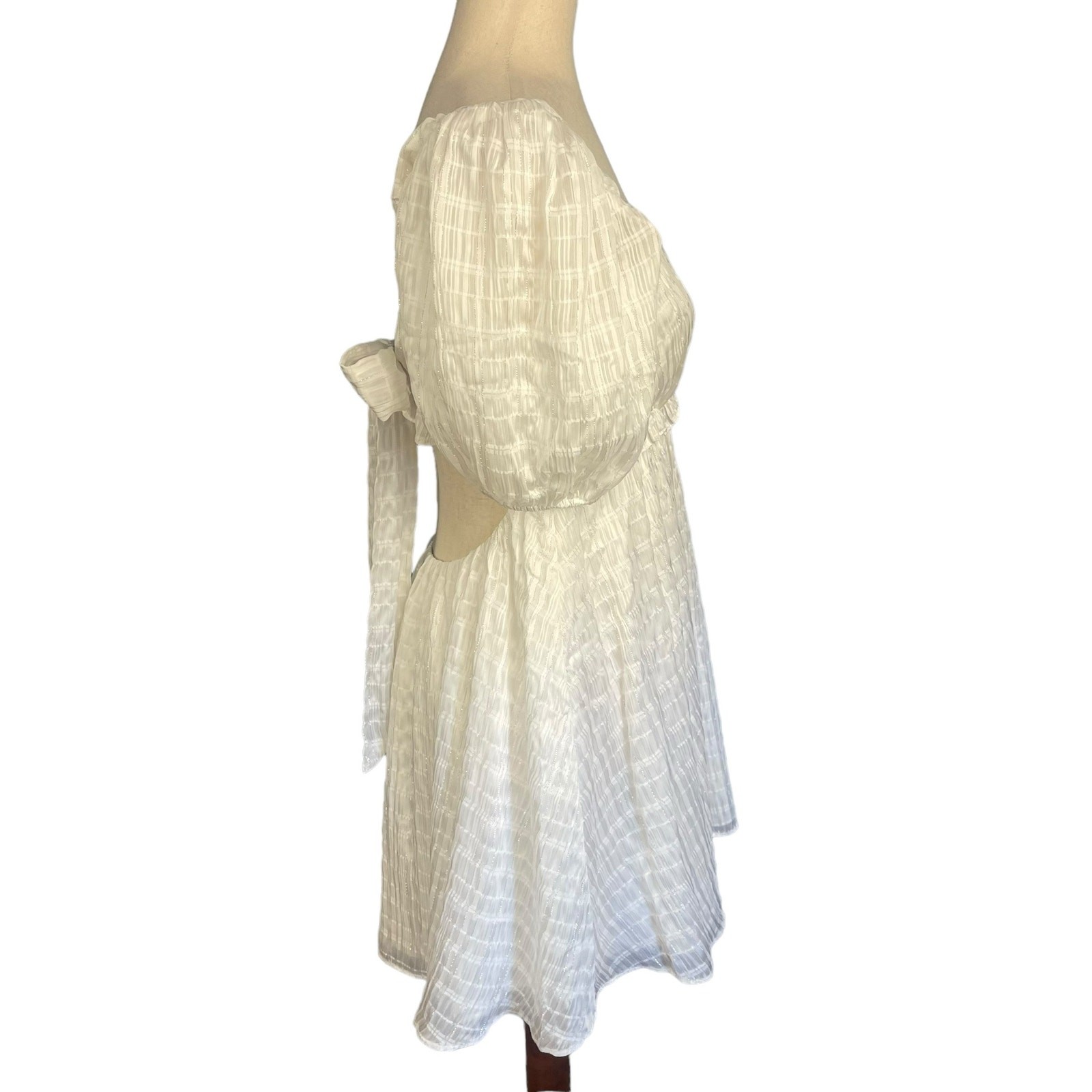 Majorelle Lisa Lined Mini Dress Tie Back Elbow Sleeves White Lurex Small