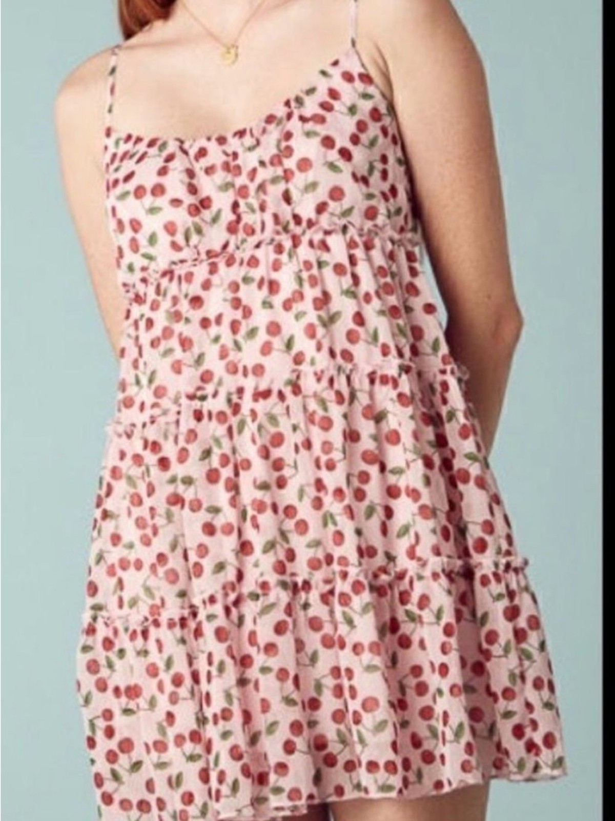 Trixxi Pink Cherry Print Tiered Babydoll Dress – Size M
