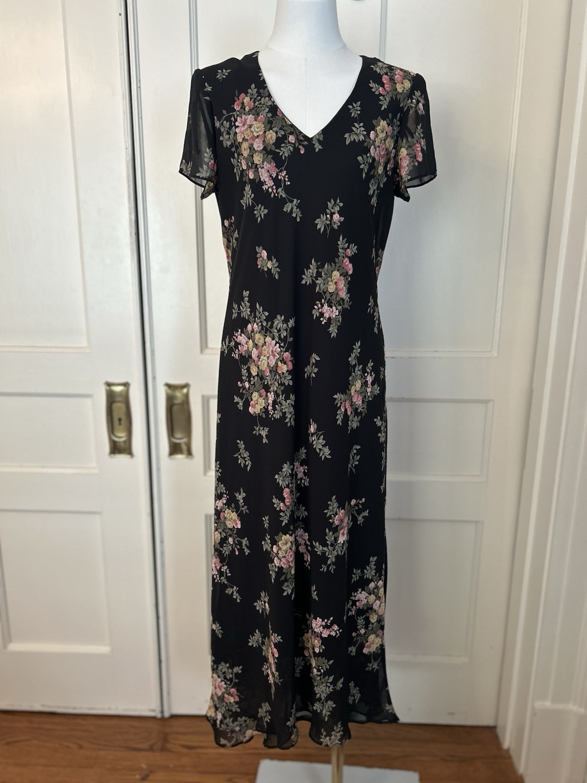 Vintage 90s Positive Attitude Floral Maxi Dress Womens Size 14 Black Pink Preppy