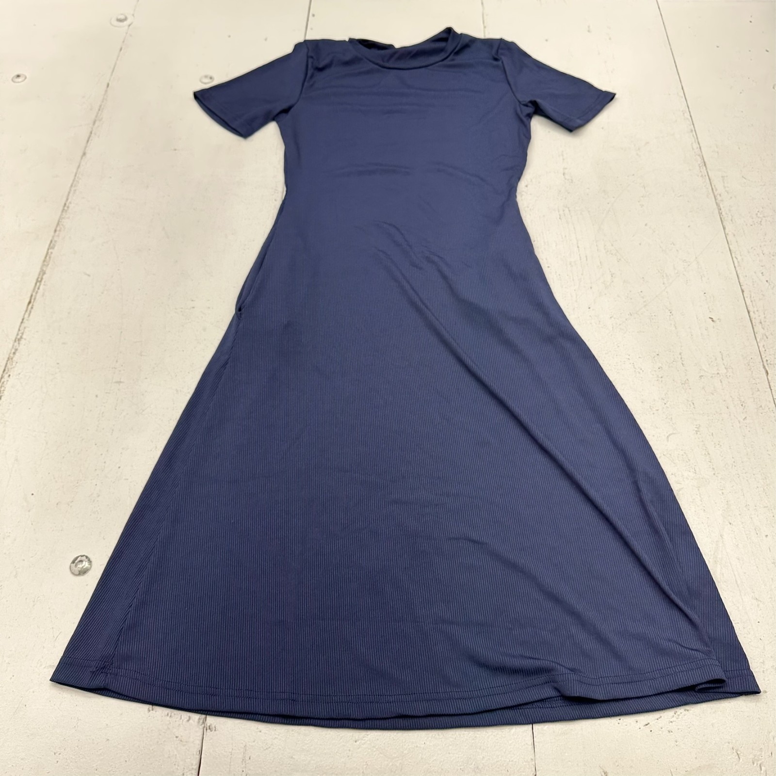 Navy Blue Solid Soft Short Sleeve Crew Neck Pocketed Dress Women’s Size Medium