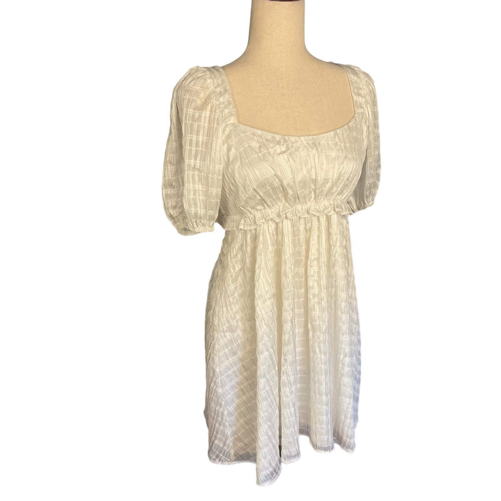 Majorelle Lisa Lined Mini Dress Tie Back Elbow Sleeves White Lurex Small