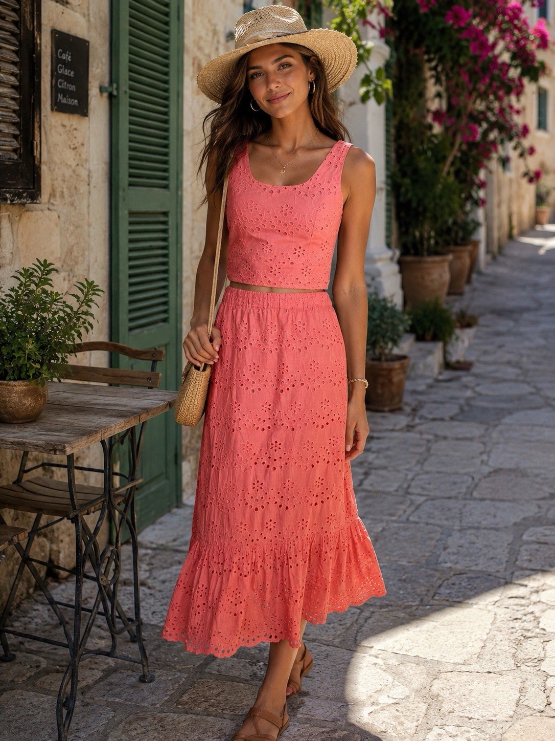 Jolie Coral Eyelet Two Piece Set XS Crop Top Maxi Skirt Boho Resort Coastal Set