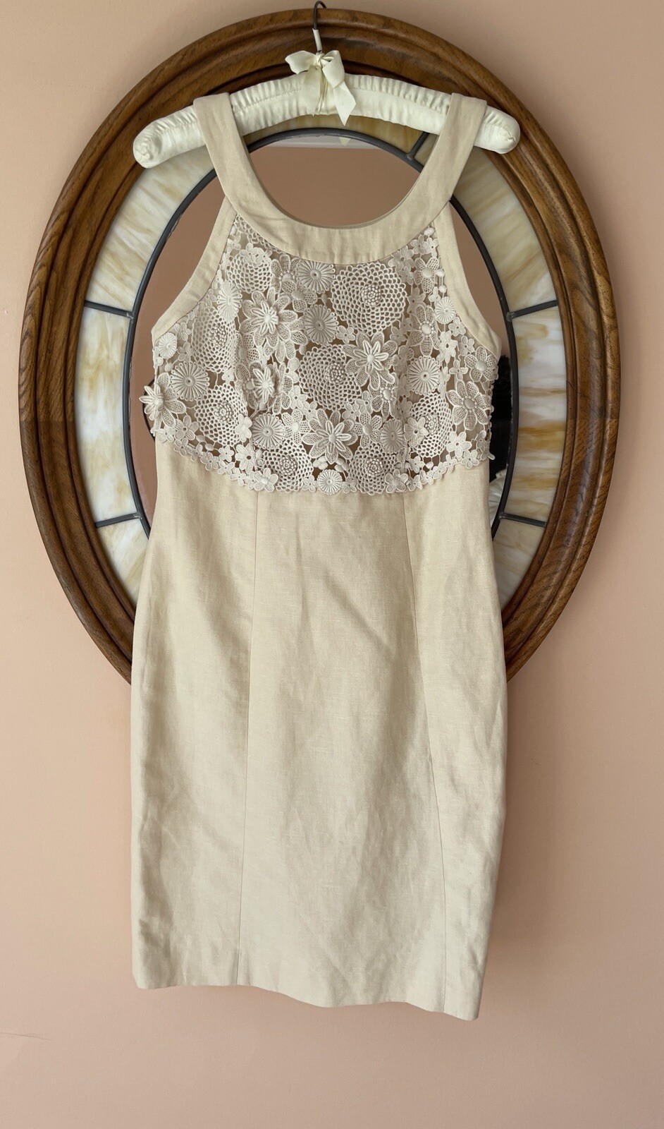 Vintage 90s Cotton Linen Blend Crochet Flower Bodice Sleeveless Dress Sm