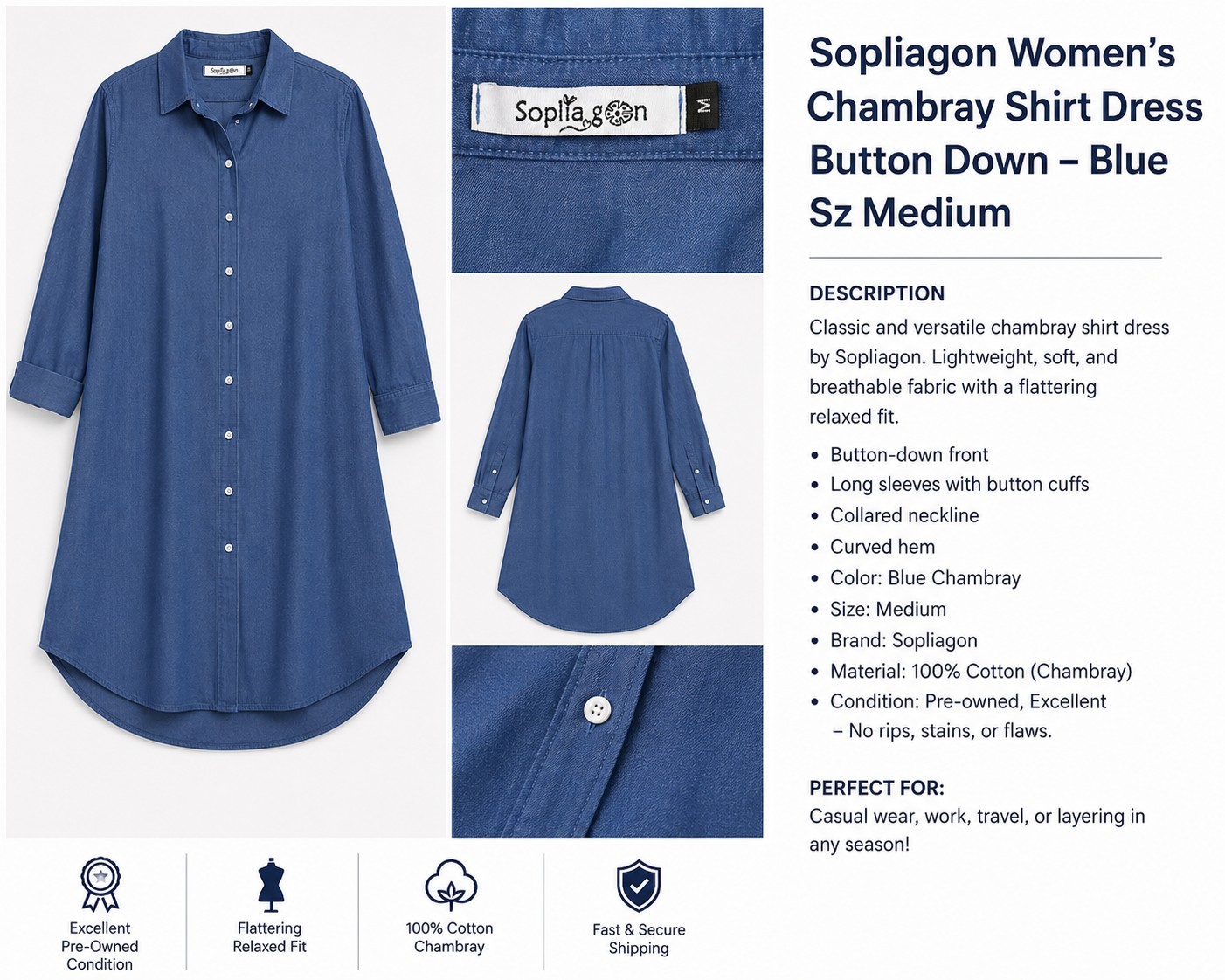 Sopliagon Women’s Blue Chambray Button Front Shirt Dress Size Medium Long Sleeve