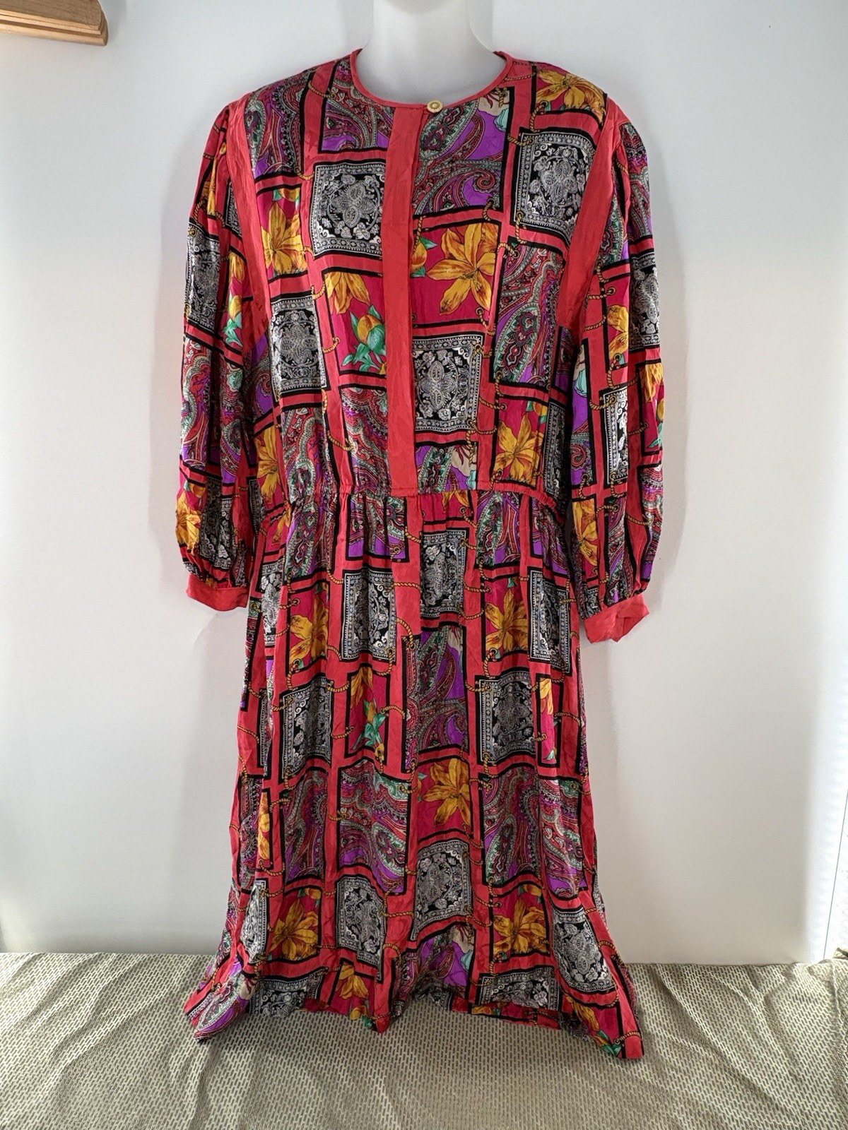 Vtg Anne Crimmins for Umi Collections 100% Silk Patchwork Midi Dress Size 16