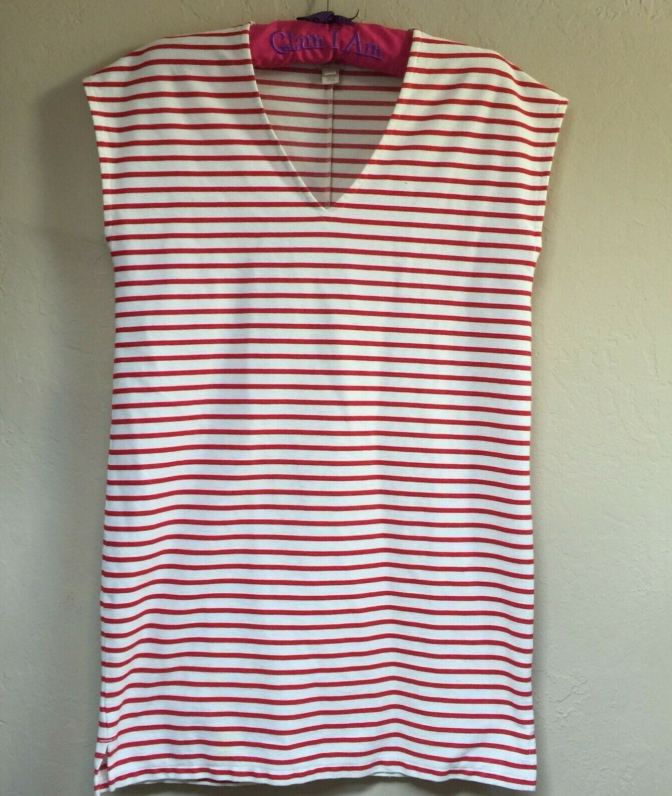J.Crew Womne’s Small White Red Striped V-neck Tunic Dress Cap Sleeve Pullover