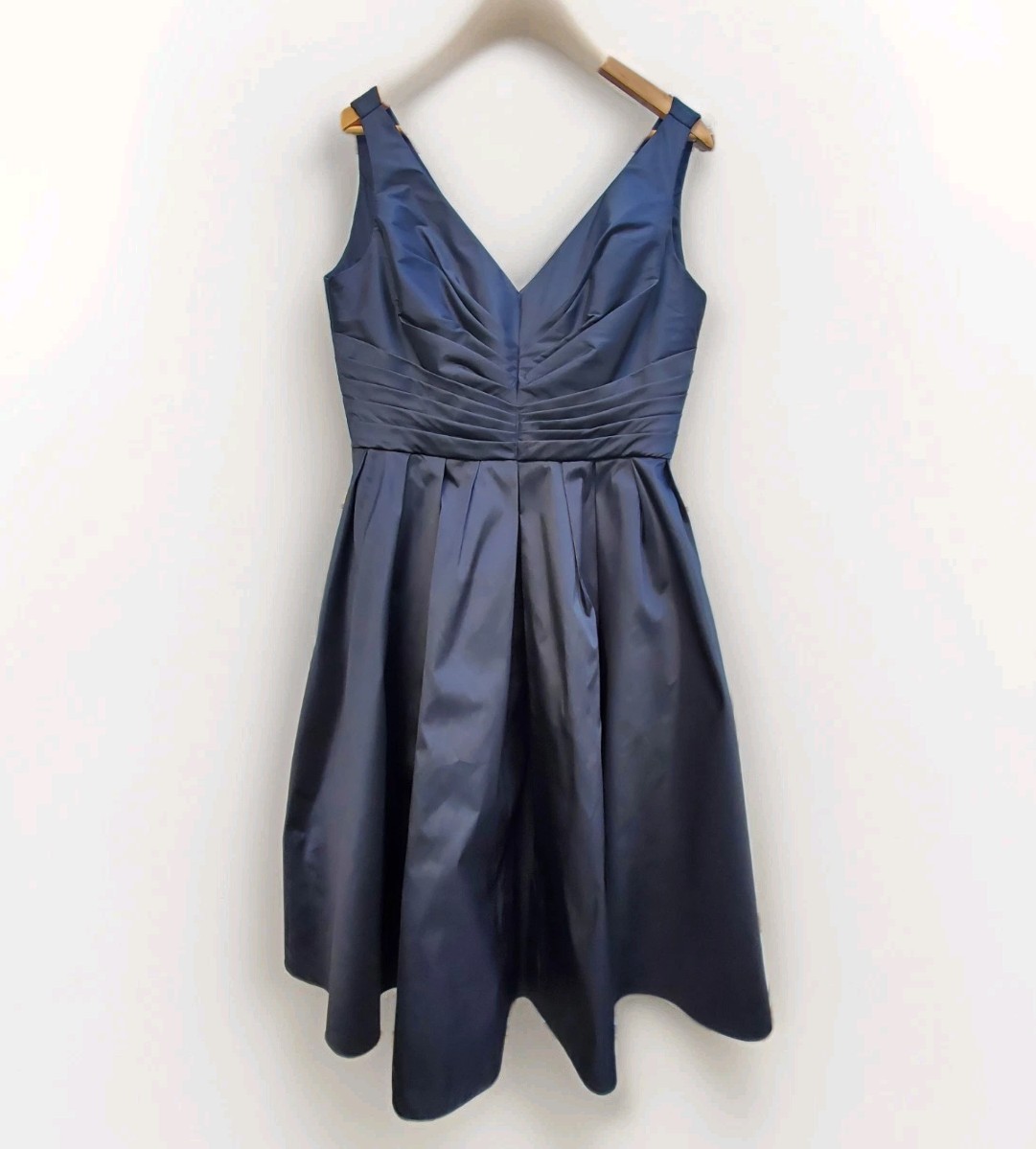 ANGELINA FACCENDA Old Money Ruched Pleated Cocktail Dress Satin Black V Back M/L