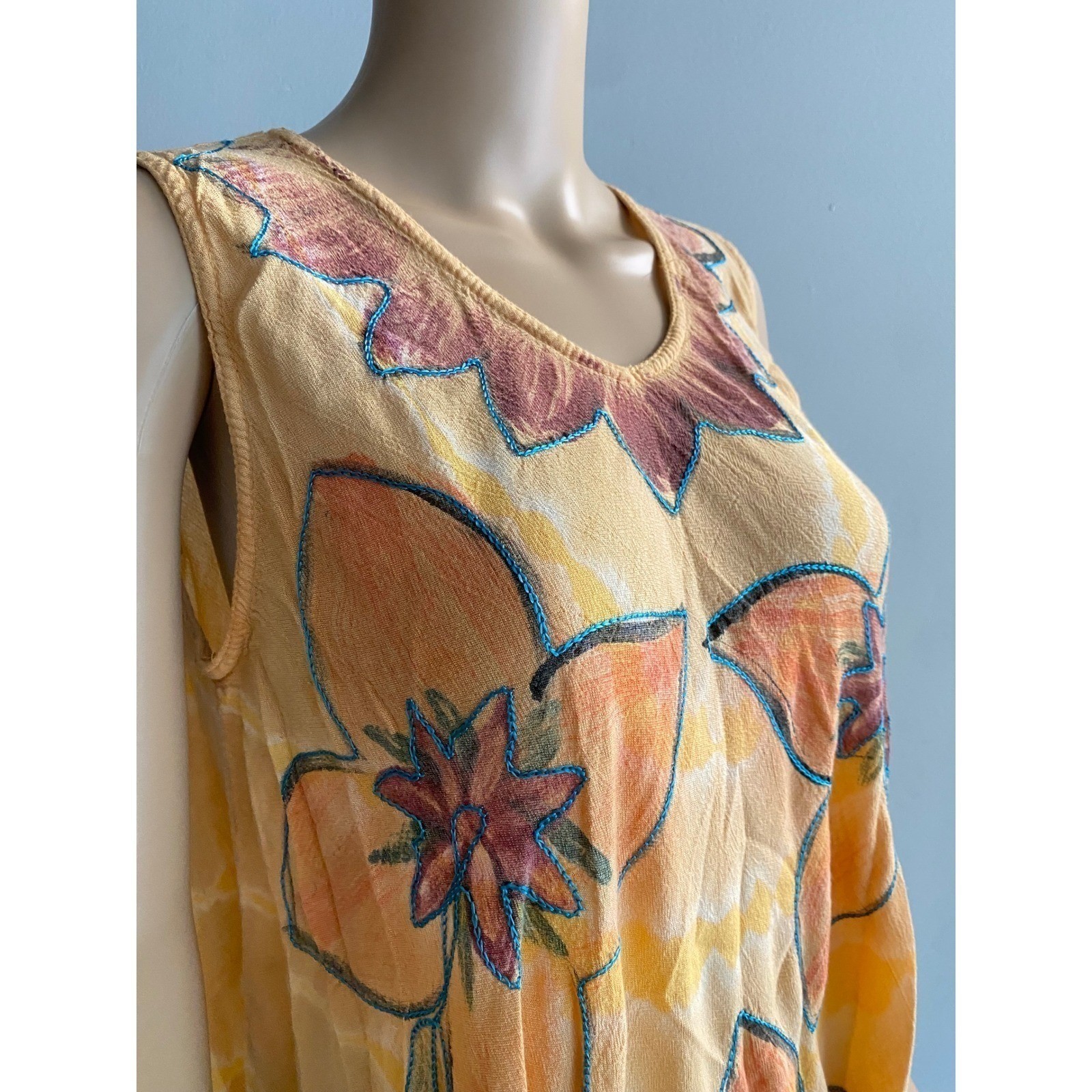 Sunflower Batik Floral Crinkle Cover Up Tunic Dress Yellow Boho OS Lagonlook