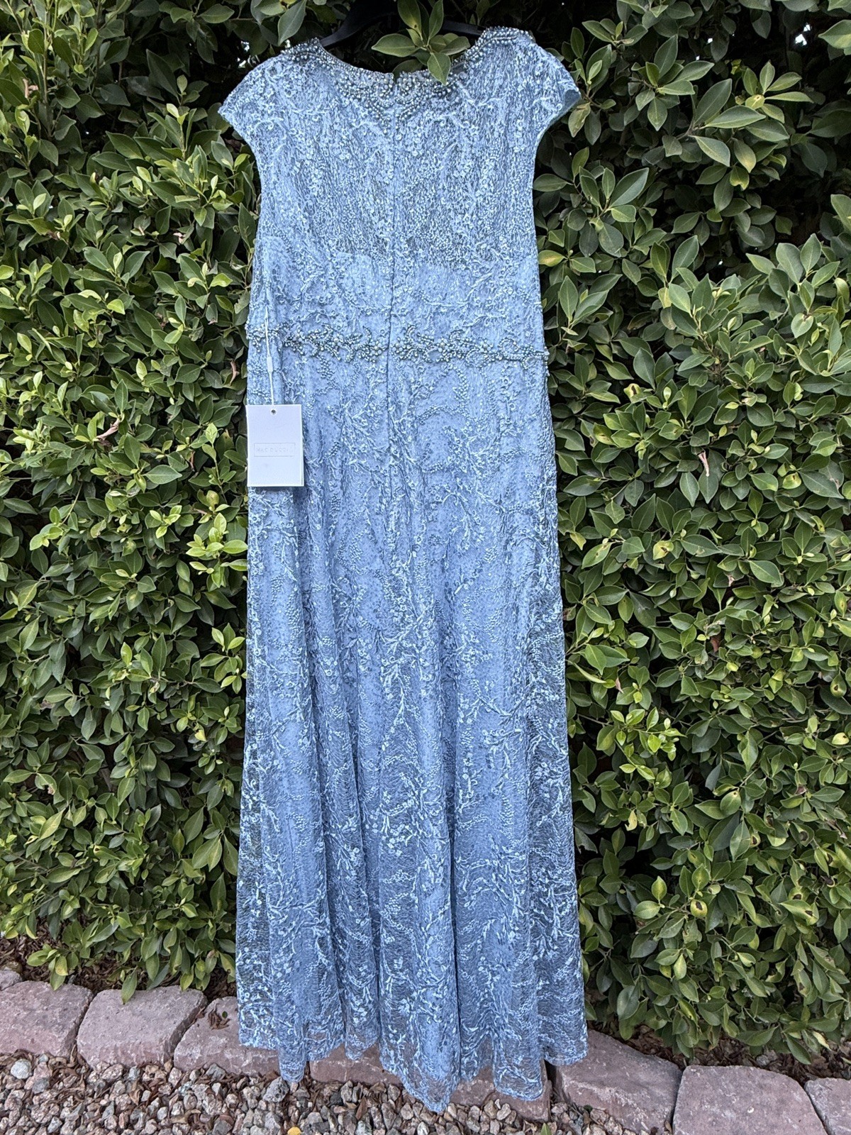Mac Duggal 79430 Embroidered Cap Sleeve A Line Gown Slate Blue NWT 16 Beaded